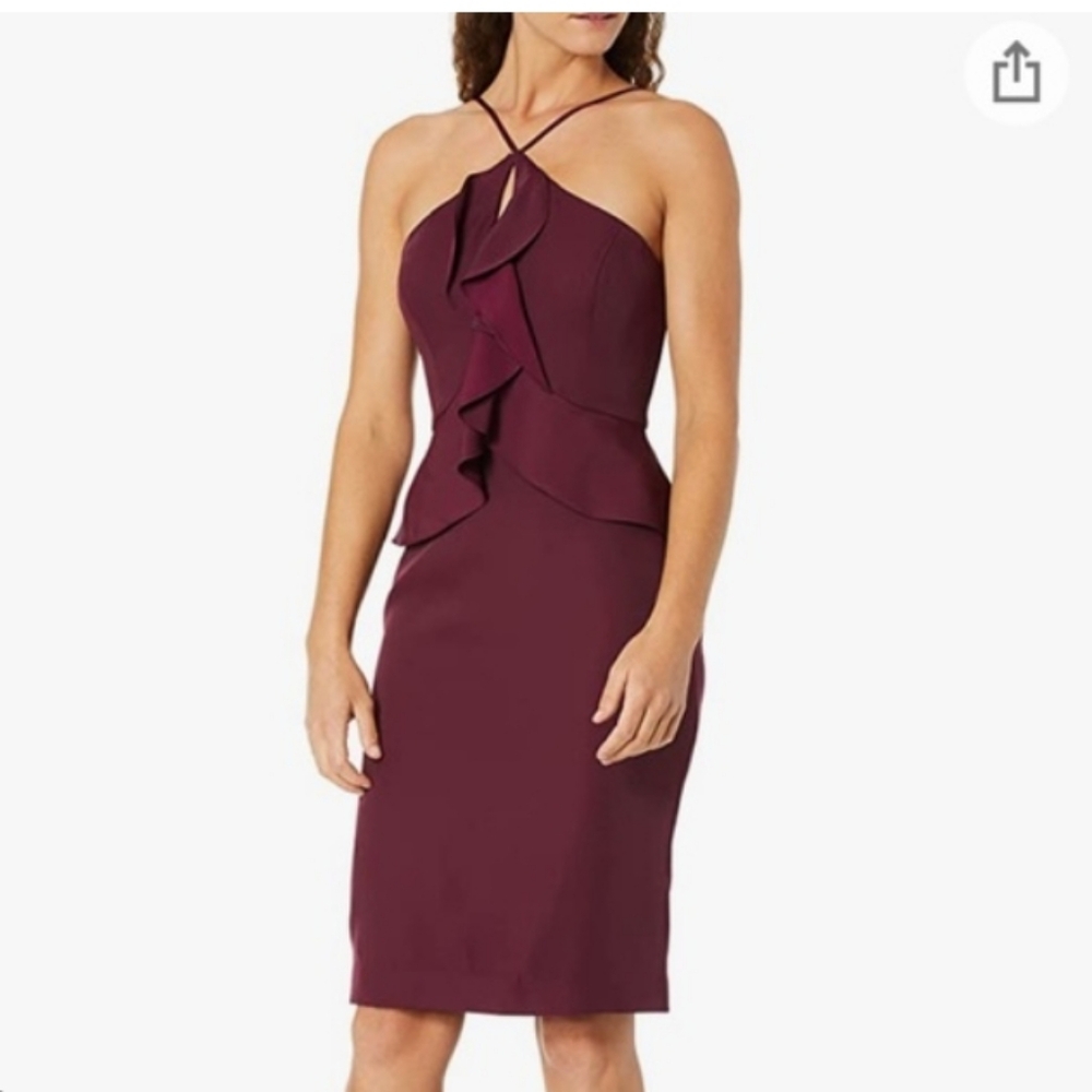 BCBGMAXAZRIA Burgundy Halter Neck Ruffled Cocktail  Dress Sz-6